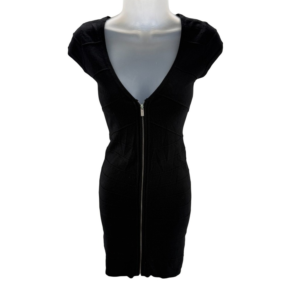Guess Black Bandage Mini Dress Full Front Zip Deep V-Neck Bodycon XSmall Vintage